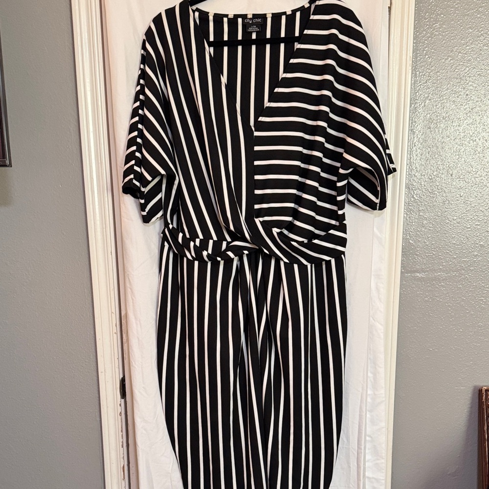 City Chic Black and White Striped Midi Dress